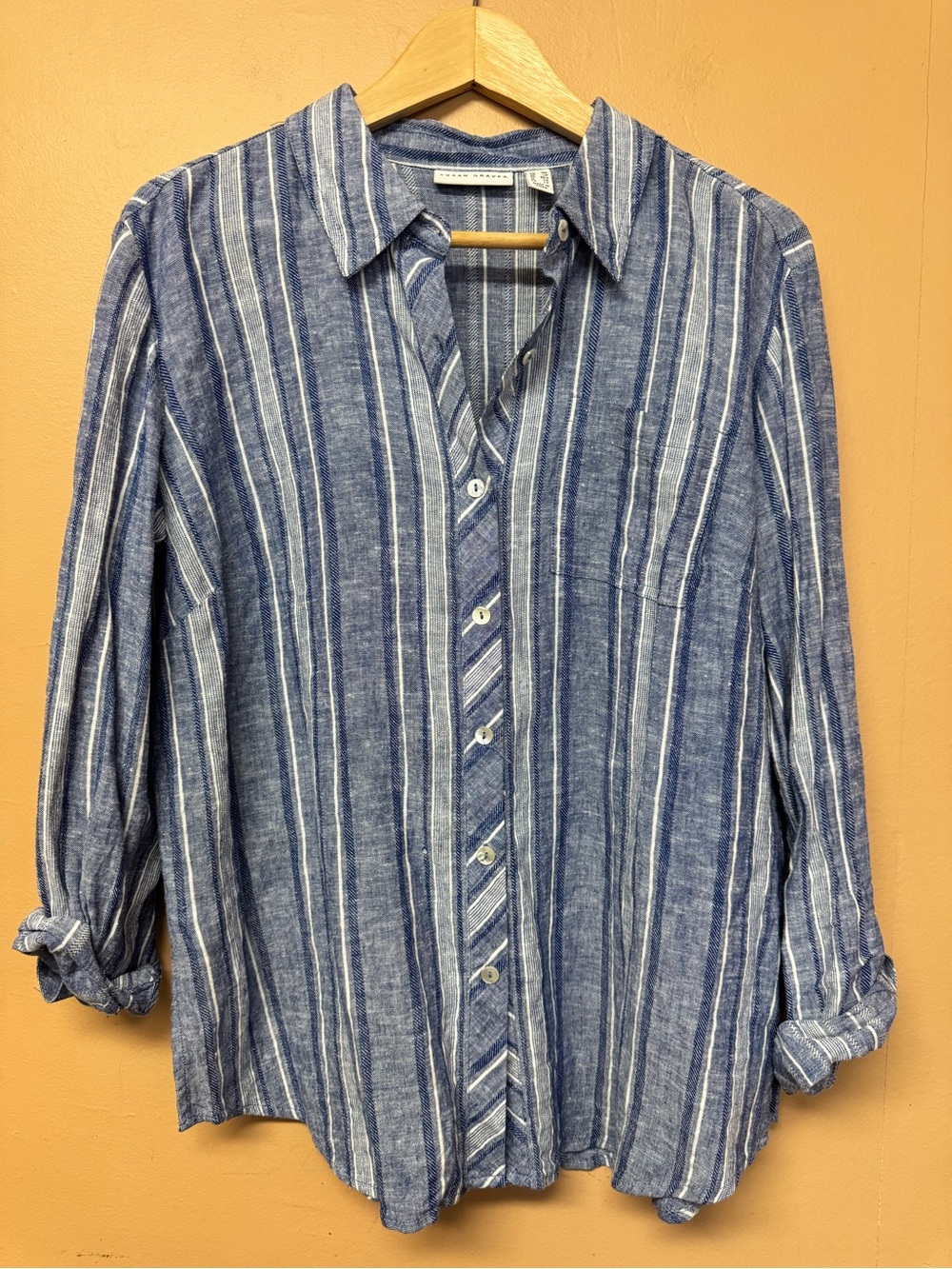 Susan Graver Linen Blue and White Strips Button Down Coastal Shirt Top MP